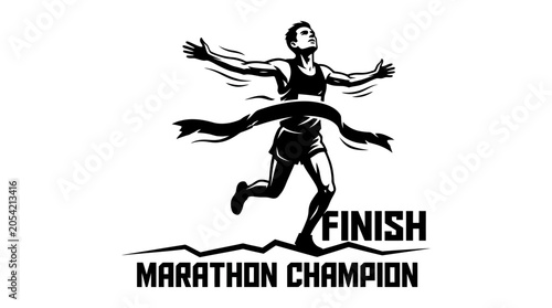 Dynamic black and white illustration of a marathon runner crossing the finish line ribbon.