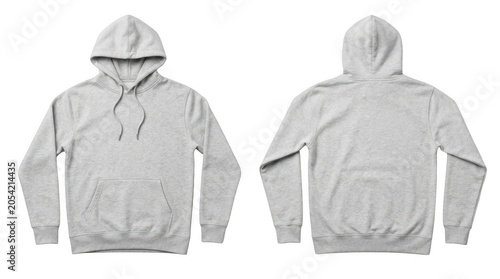 Gray hooded sweatshirt front and back isolated on transparent background