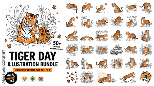 Canvas Print Set of 50+ Tiger Day Illustration Bundle Vector Sketch Set
