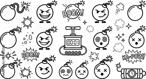Foto Comic Style Bomb Character and Dynamite Detonator Vector Icon Set with Expressio