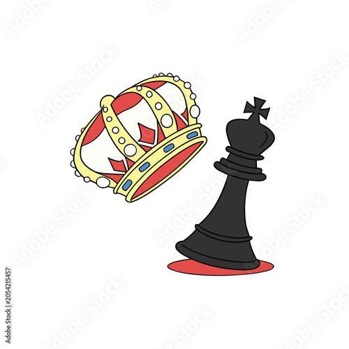 Картината върху платно A stylized illustration depicting a golden crown floating above a defeated black chess king piece with a red puddle