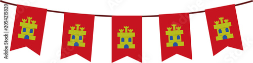 Red festive bunting flags with yellow castle symbols representing castile and leons national banner. Perfect for spanishthemed designs and cultural celebrations.