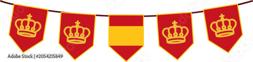 фотографія Four royal gold crowns, red flag pendants, spanish national flag bunting banner