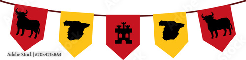 Spain bunting with red and yellow flags, bull, map, castle icons. Perfect for travel posters, cultural events, patriotic designs.
