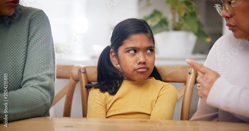 Vászonkép Angry, child and family scolding in home for rules, discipline and explain disobedient behavior