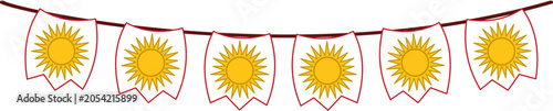 Flag bunting featuring kyrgyzstans national symbols suitable for decorating parties with its yellow sun on orange and white fabric. Perfect for cultural celebrations.