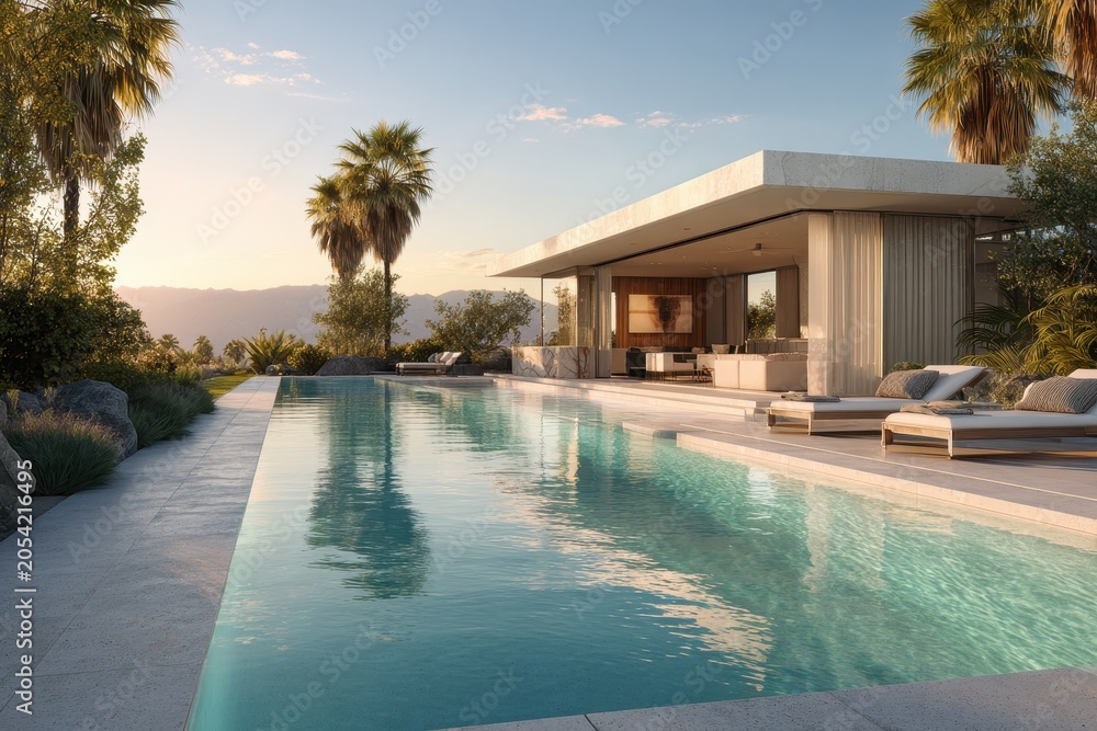 Fototapeta premium Modern home exterior beside a crystal-clear pool, palm trees, and glass walls in sunny California
