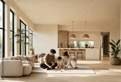 Young diverse family with toddler playing wooden building blocks on living room rug, enjoying togetherness and happy moments in modern minimalist home interior