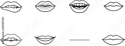 Cuadro en lienzo Female lips outline illustration set with mouth expressions beauty makeup line art vector icons