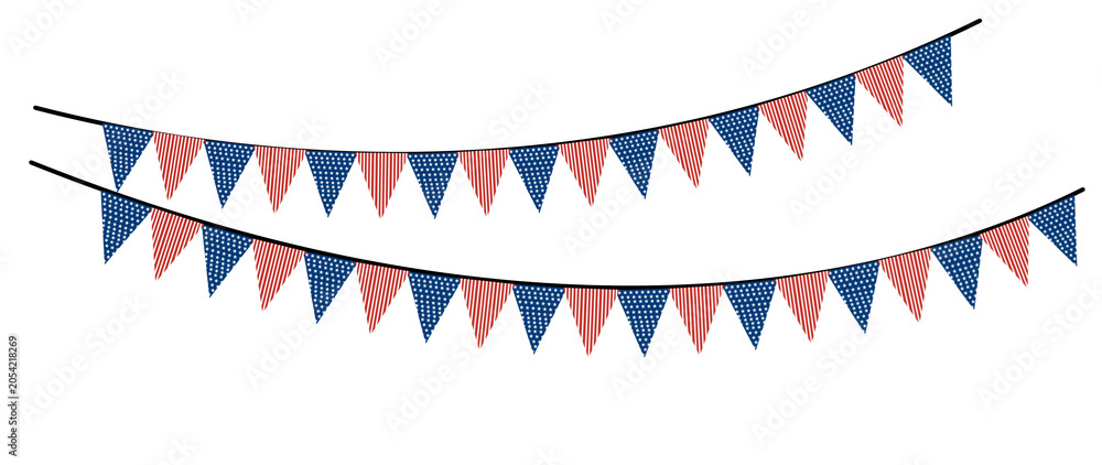Obraz premium Blue pink triangular party bunting pennant string is a festive decoration suitable for celebrations. Perfect for holiday decor.