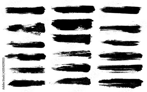 Straight line vector brush strokes. Black hand drawn stripes, smears. Chinese or Japanese calligraphy brushstrokes set. Rough grunge thick paint line texture. Vintage sketch rectangle text boxes