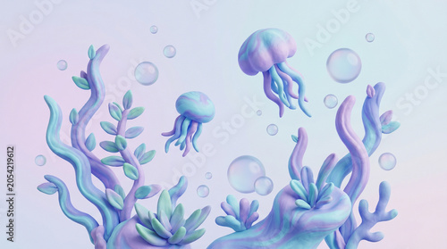 Whimsical Underwater Scene with Floating Jellyfish and Coral Reef Flora