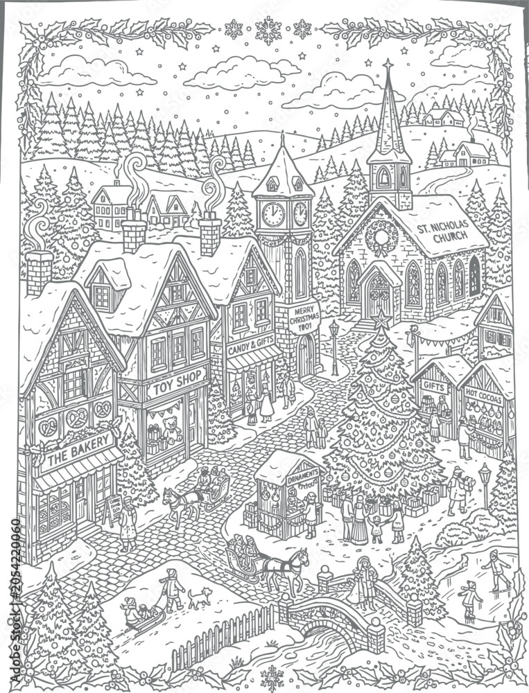 Obraz premium Vintage sketch illustration of a medieval castle in the mountains surrounded by forest and village landscape