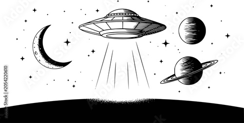 Bild auf Leinwand Black and white of a ufo hovering over a planet with moon and stars alien spaces