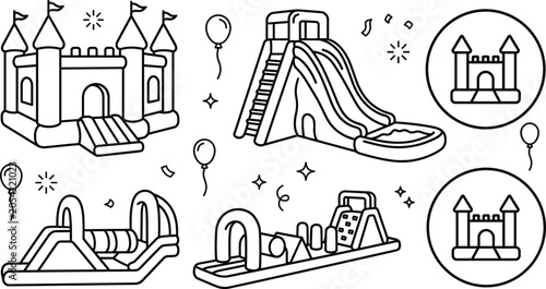 Inflatable Bouncy Castle and Water Slide Playground Vector Line Icon Set Collection