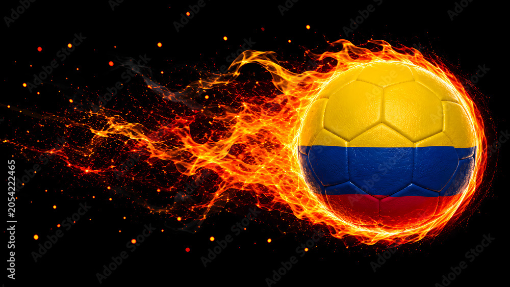 Naklejka premium A soccer ball featuring the colors of the Colombian flag, surrounded by intense, realistic fire and sparks, set against a solid black background.