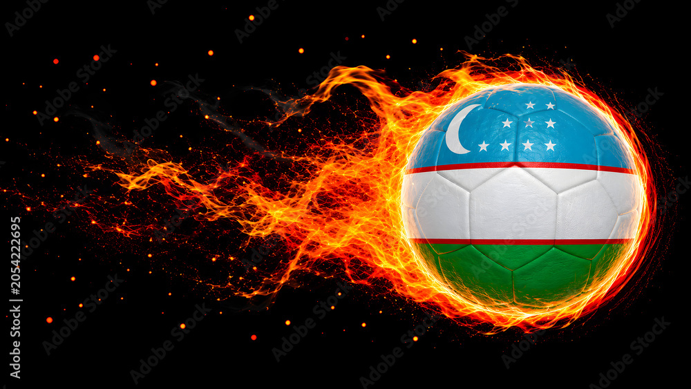 Naklejka premium A soccer ball featuring the national flag of Uzbekistan, engulfed in flames and moving through a dark background with sparks and smoke.
