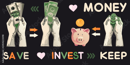 Tableau sur toile Money hands and piggy bank illustration in retro pop art style