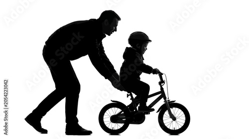 Happy Father's Day Father teaching child to ride bike, learning cycling, kid on bicycle, adult guidance isolated on White Background vector