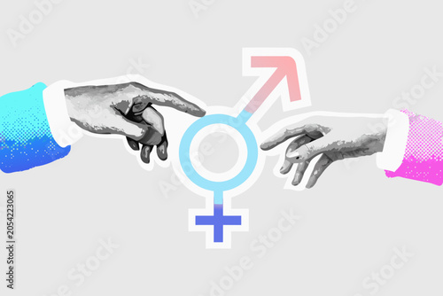 Fotografía Gender Symbols And Hands Mixed Media Illustration With Halftone Backgrounds