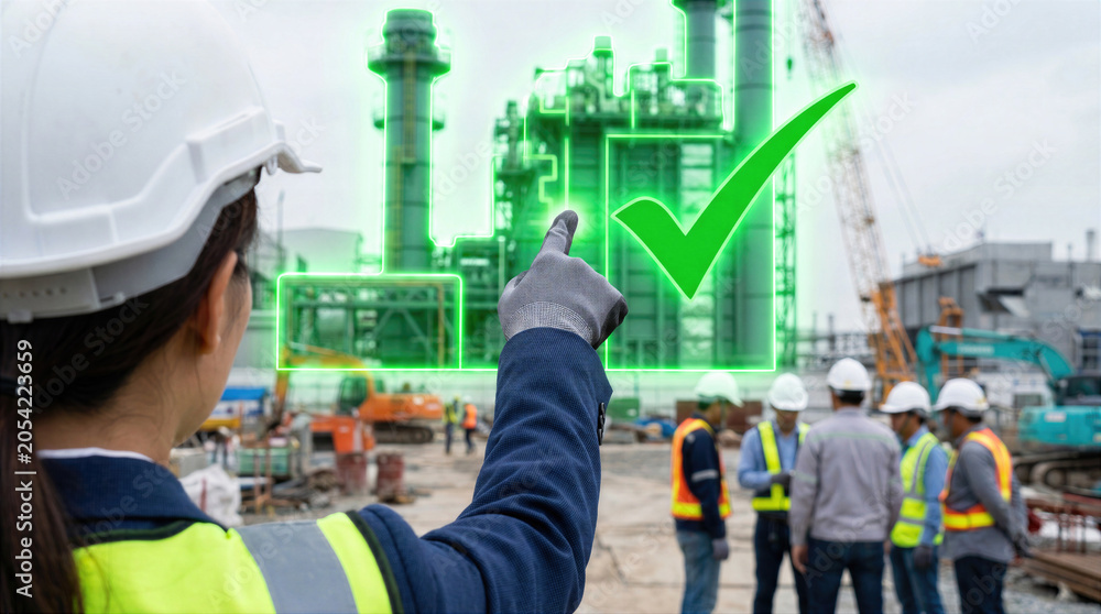 Fototapeta premium Engineer at industrial plant pointing at green checkmark for quality approval. Construction site with workers, crane and machinery. Factory inspection, safety compliance and project management.