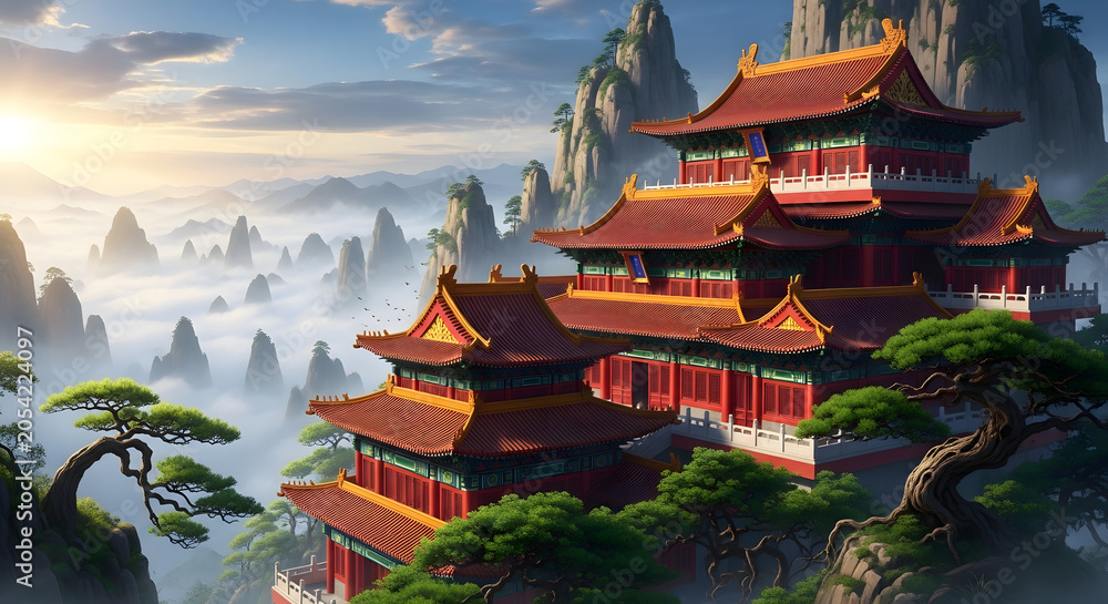 Obraz premium Mystical Asian Pagoda Nestled in Mountainous Paradise