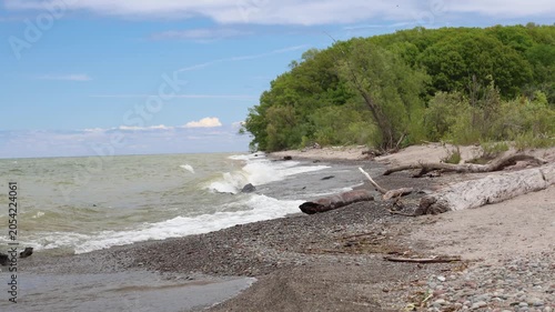Waves rolling onto the rocky shore and driftwood along the lakeshore