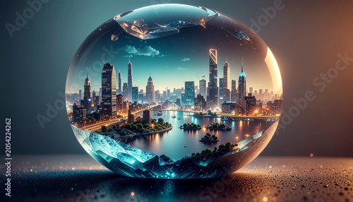 Miniature metropolitan city inside a transparent glass orb reflecting urban night skyline with miniature, buildings