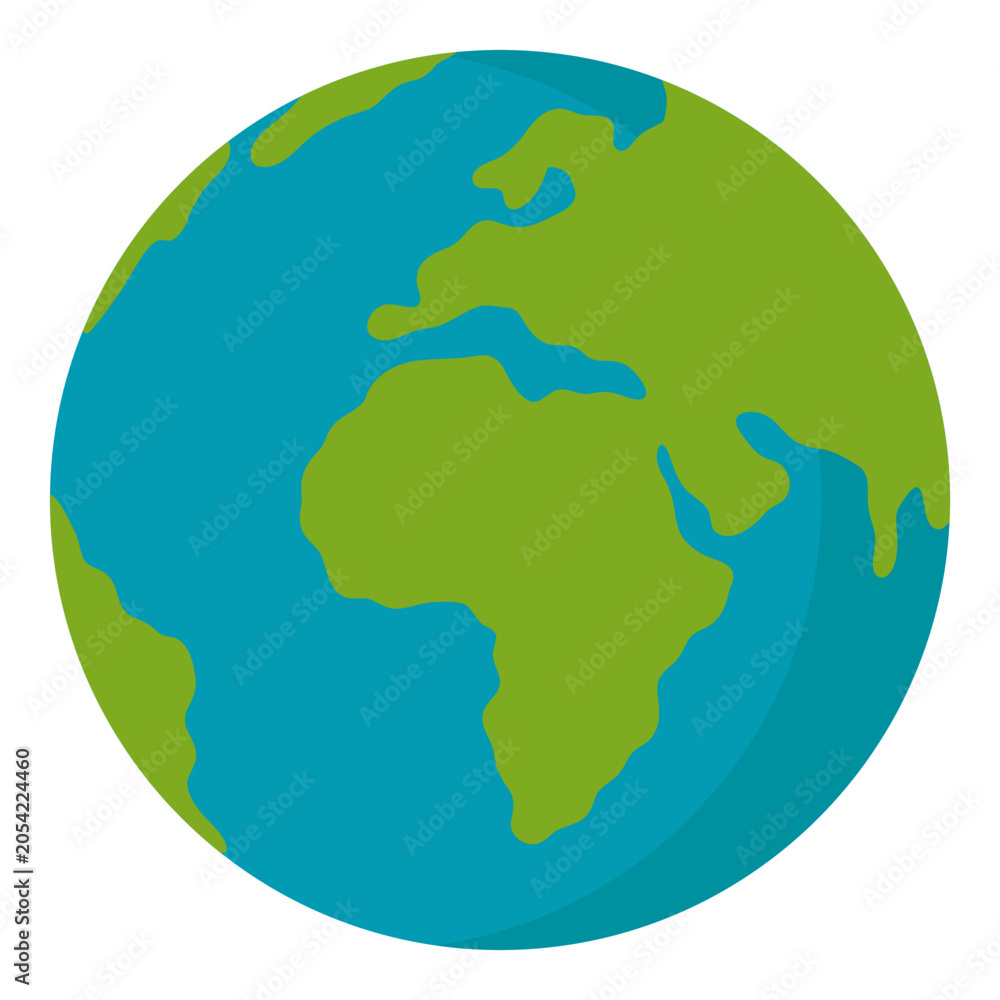 Fototapeta premium Earth globe flat icon featuring Africa, Europe, and surrounding oceans in a colorful simplified design