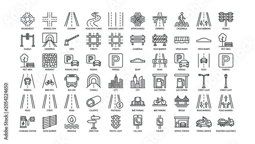 Quadro su tela Black and white line icons of various road and transportation related signs and