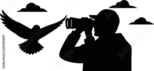 Canvastavla Silhouette of Birdwatcher with Binoculars Observing Eagle in Flight Against Clou