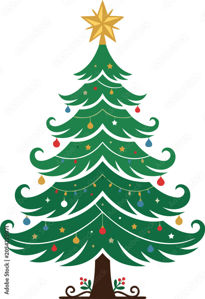 Obraz premium A colorful christmas tree with ornaments and a star on top isolated on white background