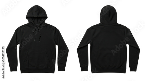 Black hooded sweatshirt front and back isolated on transparent background