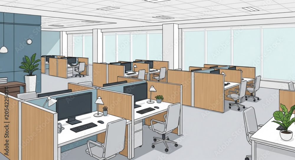 Valokuva Modern Open Plan Office Cubicles Interior Illustration