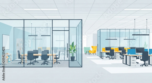 Quadro em tela Empty Modern Office Interior with Glass Walls and Workstations 3D Render