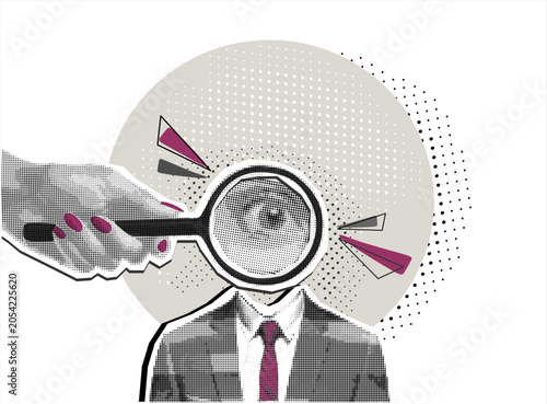 Modern halftone collage, hand holds a magnifying glass, scanning the person.  Applying for job, giving CV, job competition. Vector illustration. Contemporary art. Vector