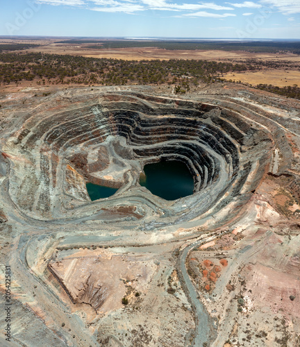 View inside the Lithium mine, Water in the earth hole, Aerial View, Goldfields, Western Australia