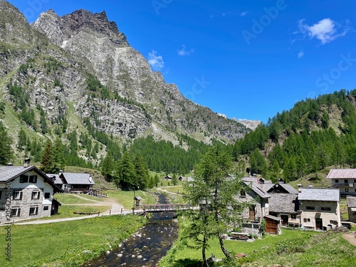 Panoramic view of the traditional hamlet Crampiolo in Parco Naturale Veglia-Devero, Val d'Ossola, Italy.