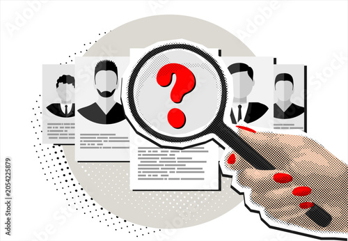 Trendy Halftone Collage hand holding magnifying glass with question mark, applying for job, giving CV, job competition. Vector illustration. Contemporary art. Vector