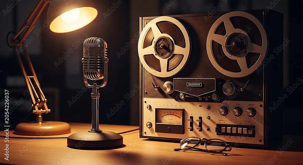 Fototapeta premium Vintage reeltoreel tape recorder and classic microphone on a desk