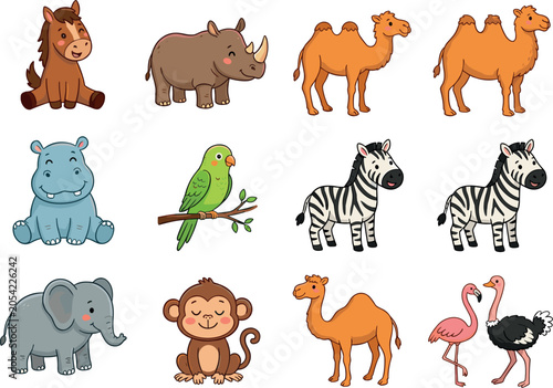 Canvas Print Cute cartoon safari and zoo wild animals collection set featuring elephant zebra