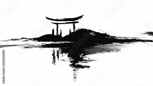 Japanese torii gate ink brush painting with grunge splatter art style on whit...