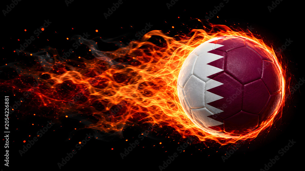 Naklejka premium A high-quality image of a soccer ball featuring the Qatar national flag design, surrounded by intense, realistic fire and sparks against a dark background.