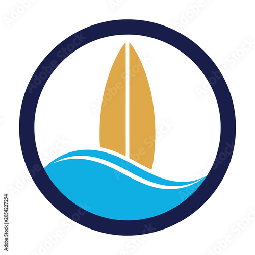 Surfboard on wave in circle logo