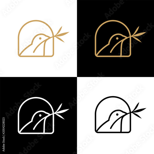 A minimalist line art illustration of a bird holding a leaf in its beak inside an arch shape, presented in four distinct color variations. 