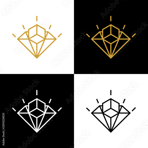 A geometric line art illustration of a diamond shape containing an inner cube and emitting rays of light, displayed in four color variations.