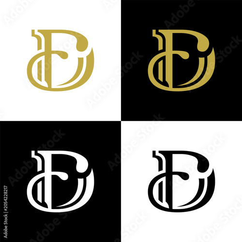 An elegant overlapping monogram illustration featuring a stylized letter D intertwined with curved lines, shown in four distinct color schemes.