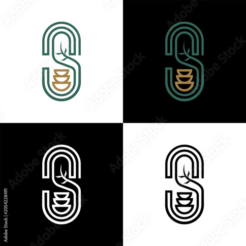 A line art illustration forming the letter S, enclosing a plant sprout and three stacked bowls, presented in multiple colors.