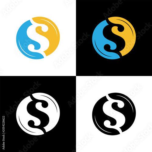 A circular illustration featuring the letter S formed by swirling, leaf-like shapes utilizing negative space, shown in colorful and monochrome styles.