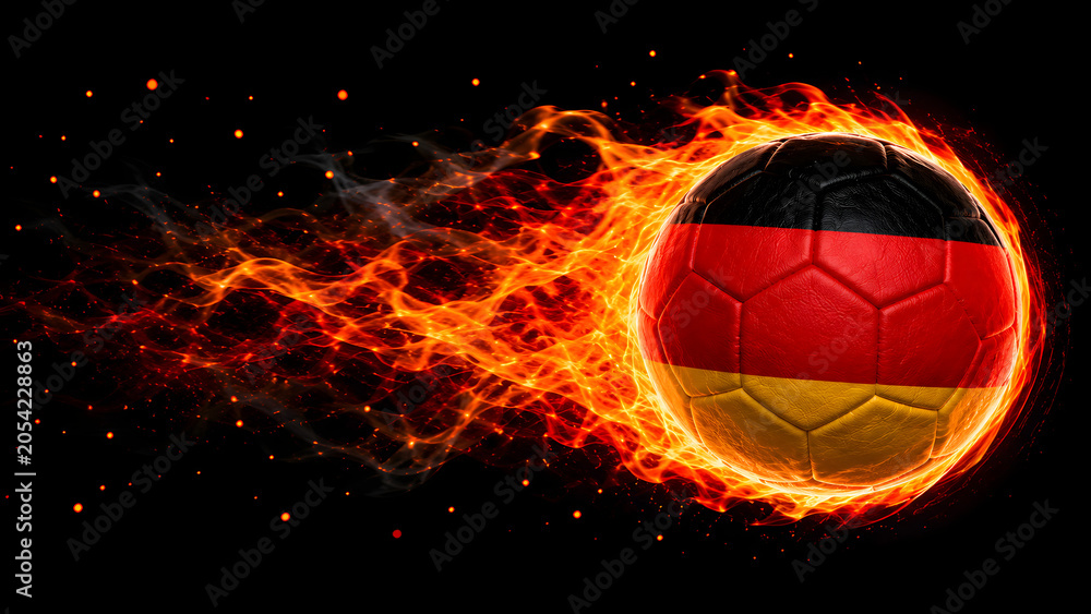 Fototapeta premium A dynamic image of a soccer ball featuring the German flag design, surrounded by intense, glowing orange flames against a solid black background.